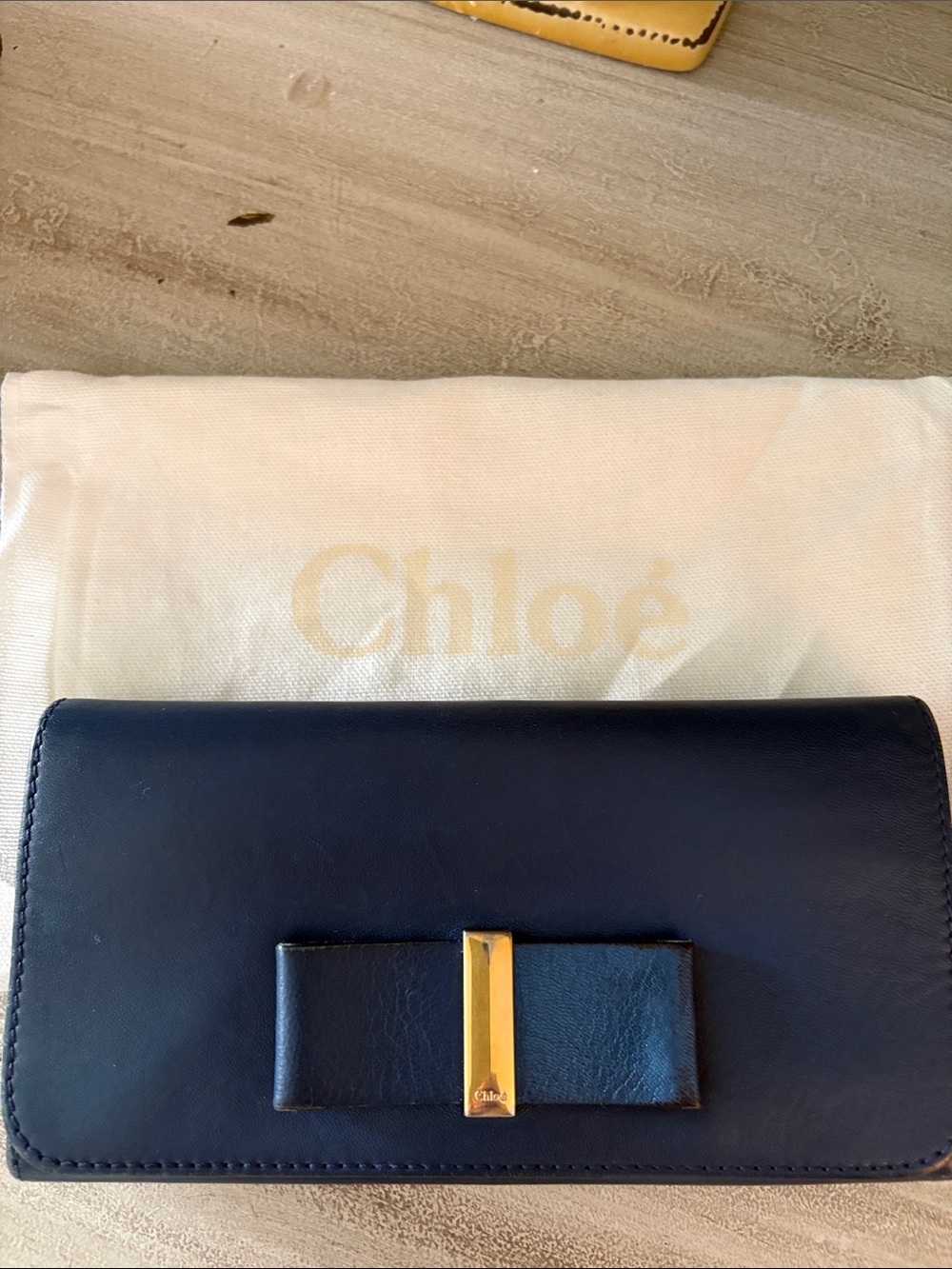 Chloe Navy Leather Wallet with Bow and Gold Bar